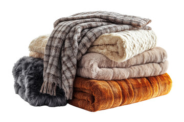 Cozy autumnal blankets stack warm textures soft knit and plush fleece on transparent background