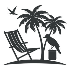 A Tranquil Tropical Beach Scene with a Relaxing Deck Chair, Palm Tree, and Birds in Silhouette

