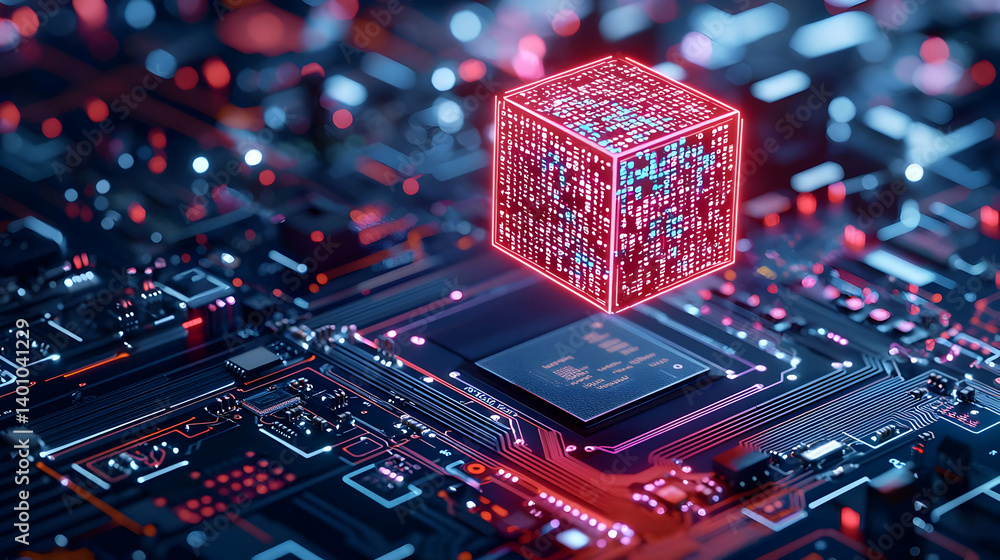 Poster glowing red cube on circuit board