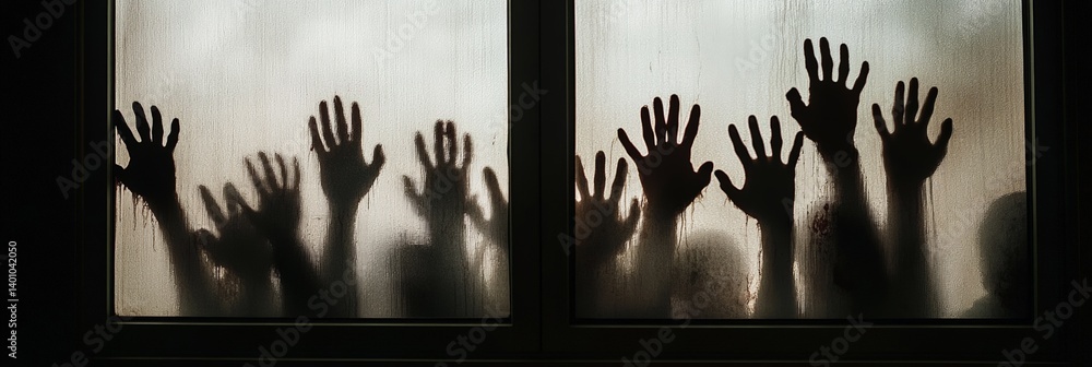 Poster scary shadows of infected zombies touching a foggy window during a zombie apocalypse create a dramat