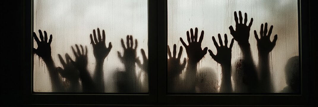 Scary shadows of infected zombies touching a foggy window during a zombie apocalypse create a dramatic and terrifying scene of survival horror