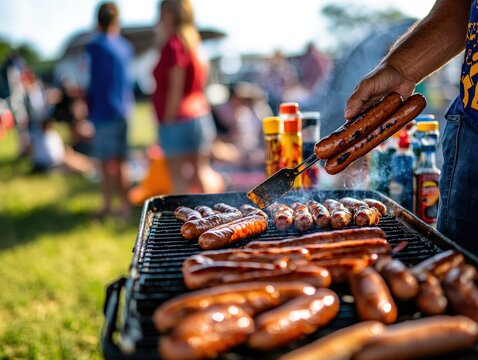 A person carefully flips sizzling hot dogs on a grill, showcasing a tailgate gathering filled with summer vibes, friends, and delicious food at an outdoor sports event.