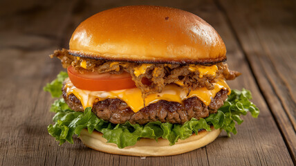 Juicy hamburger with fresh lettuce, ripe tomatoes, and melted cheese on wooden table. crispy fried onions add delightful crunch to this delicious burger