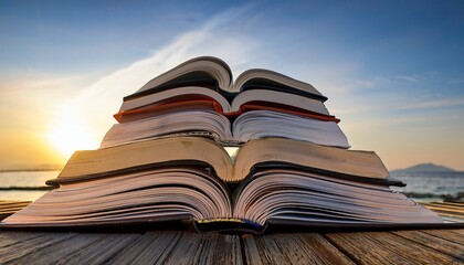 this abstract representation showcases a carefully arranged pile of books against a tranquil backdrop highlighting the beauty of knowledge melded with serenity and curiosity