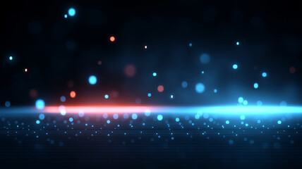 vibrant, neon lit virtual space with abstract glowing particles and futuristic atmosphere. image features blend of blue and red lights, creating dynamic and immersive backdrop