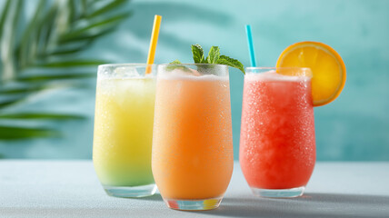 Refreshing tropical drinks with condensation on glass, featuring vibrant colors and garnishes, evoke sense of summer relaxation. background includes soft blue hue and palm leaves