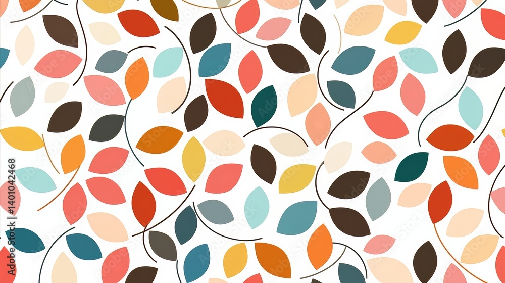 Poster Colorful leaf pattern is displayed on a white background. The leaves are of various sizes and colors, creating a vibrant and lively scene. Concept of nature and the beauty of the outdoors