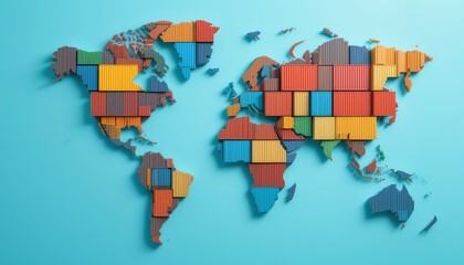 Obraz premium Global Trade and Tariffs: World Map of Shipping Containers
