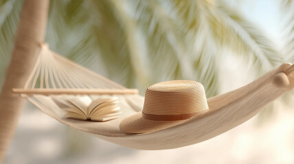 cozy hammock tied between palm trees swaying in gentle breeze, with straw hat and open book resting on it, evokes sense of relaxation and tranquility