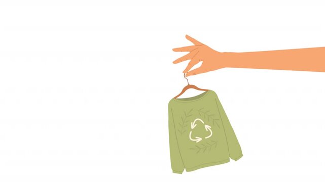 Animation of a hand holding a hanger with a sweater made of recycled materials. Clothing with the symbol of waste recycling. Bio- and eco-clothing, eco-friendly textiles.