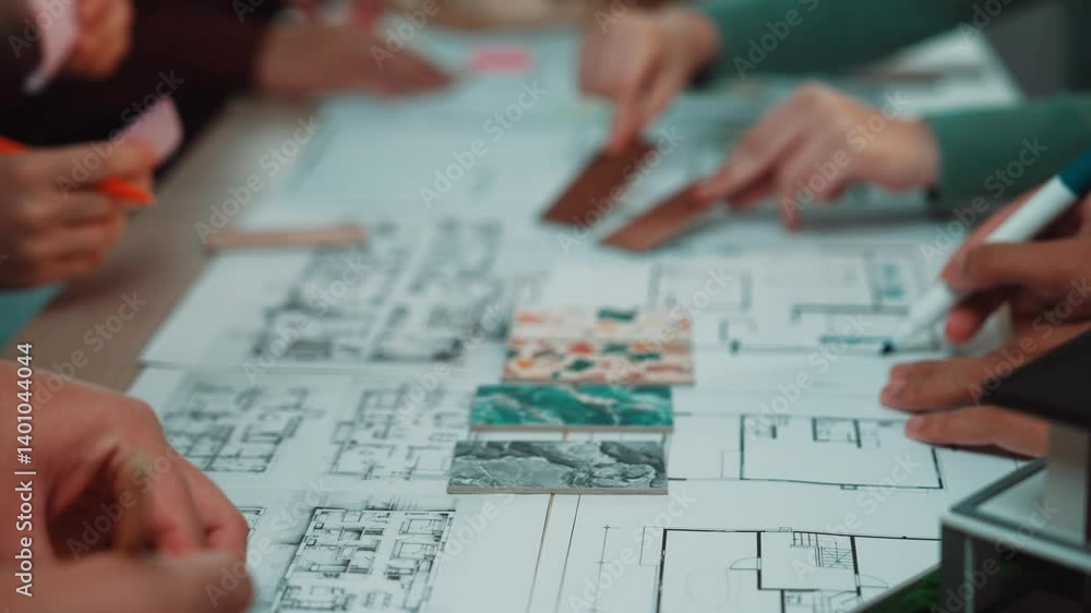 Poster a vibrant workspace scene featuring hands of multiple individuals collaborating on a creative design