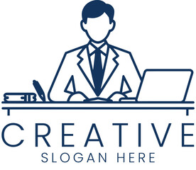 Professional Businessman Working Laptop Desk Creative art job icon logo team blue line    