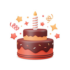 3d cake with candle, stars and confetti around. Dessert with chocolate glaze and sprinkles. Birthday, anniversary symbol. Party icon. Vector illustration, realistic render. Element for greeting card