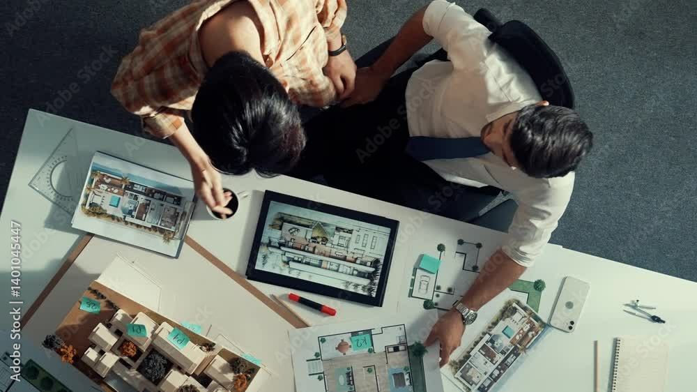 Poster top view of business man working together to design house. aerial view of architect engineer looking