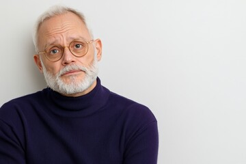 Obraz premium Displeased People Concept, Thoughtful senior man with glasses in a cozy sweater against a plain background.