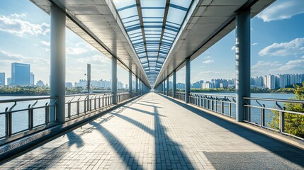 Covered walkway leads to city skyline with water and greenery on either side.