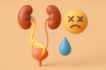 Urology Awareness: A detailed, artistic rendering of the urinary system, including kidneys and bladder, alongside a dejected emoji and a water droplet, creatively illustrating key concepts in urology.