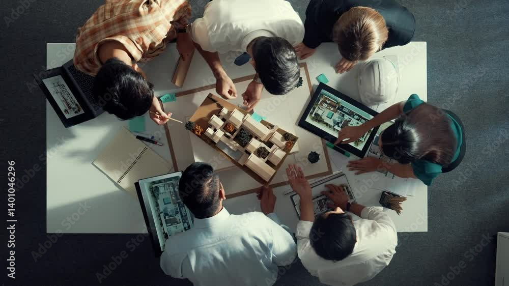 Poster top down view of manager pointing at house model and explain building design. aerial view of archite