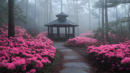 Misty Forest Scene with Pink Azaleas and Gazebo
