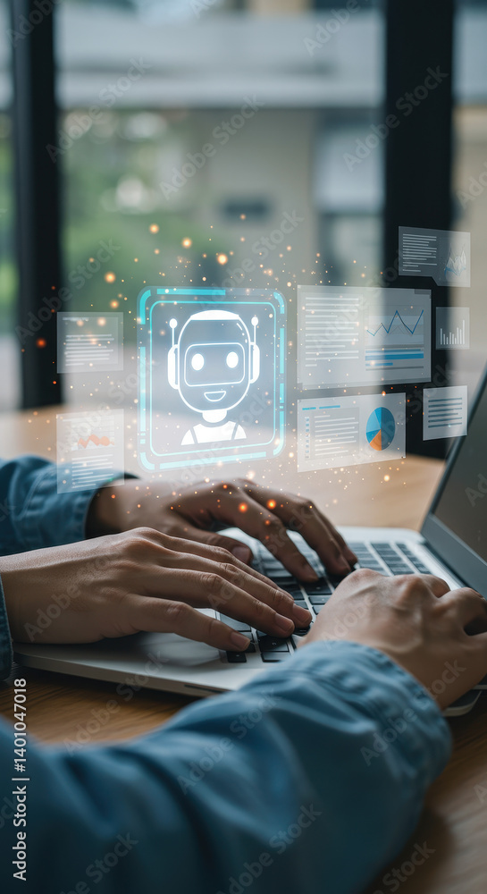 Poster ai-powered work: person typing on laptop with robot assistant & data visualization, smart technology