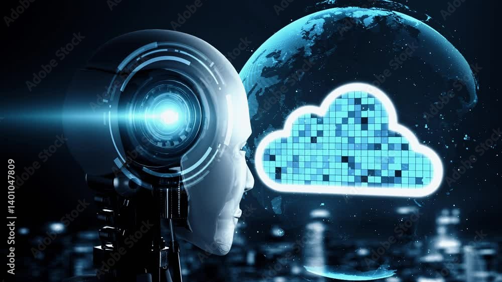 Poster ai robot huminoid uses cloud computing technology to store data on online server . futuristic concep