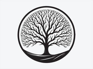 Tree in Circle Frame Silhouette with Elegant Nature Symbol for Minimalist Botanical and Spiritual Art Designs