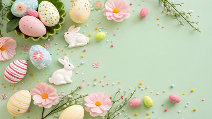 Top View of Easter Composition with Painted Eggs, flowers, rabbit and Spring Decorations on a pastel green background.