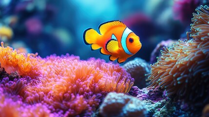 Obraz premium Vibrant clownfish gracefully swims among the colorful coral reef gardens