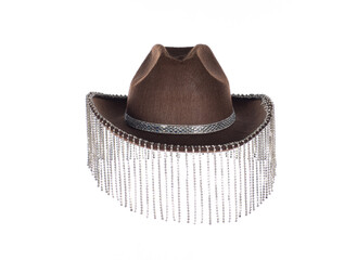 brown women's cowboy hat with fringe  isolated on white background