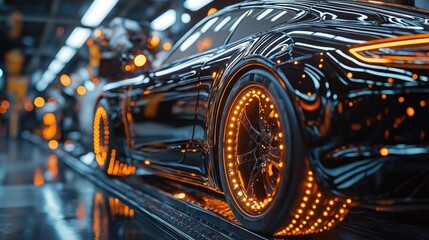Futuristic black sports car on an automated assembly line.  Detailed view of sleek design,  illuminated wheels, and manufacturing process