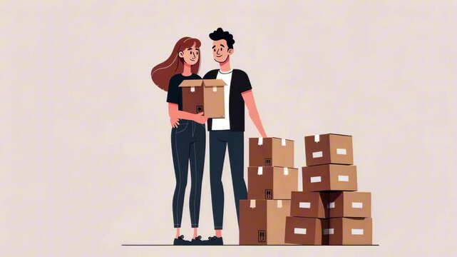 Flat illustration of couple holding boxes surrounded by stacked packages on beige background. Concept of moving in and minimalist lifestyle