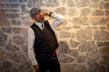 Elderly man raising arms in confusion or disbelief. A powerful gesture capturing frustration,...