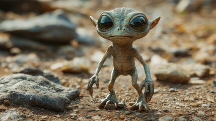 Small alien exploring rocky planet surface during daytime