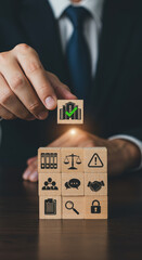 Compliance Achieved: Building Trust with Regulations, Rules & Ethical Standards. Business Success Strategy with Wooden Block Tower