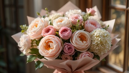 Elegant bouquet of soft-colored roses and hydrangeas wrapped in delicate paper, illuminated by warm sunlight.