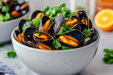 Steamed Mussels for Parsley, Citrus, Bowl.