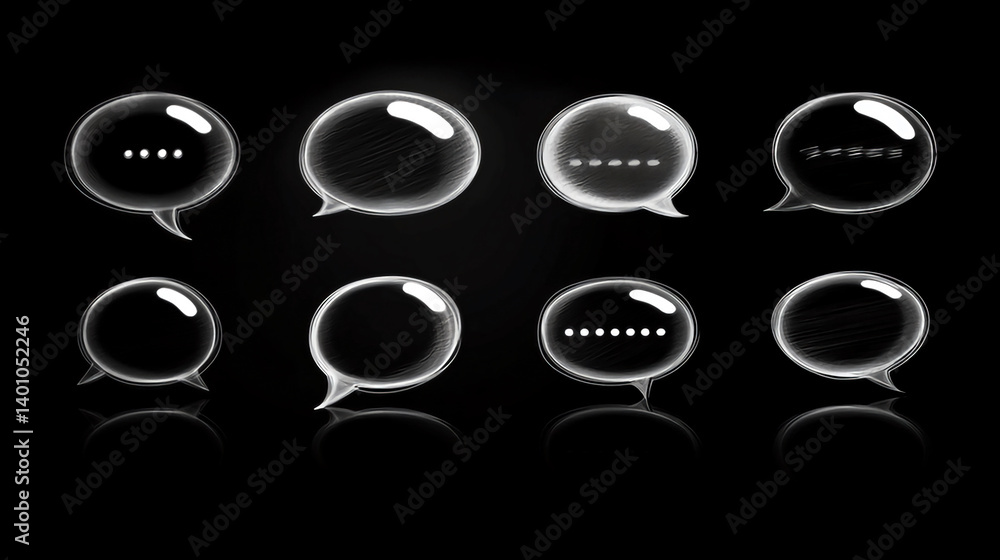 Poster elegant black background with speech bubbles for communication and social media message icons design