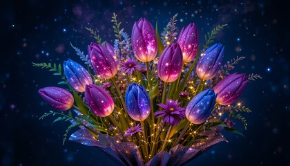 Magical bouquet of glowing tulips and daisies with sparkling lights against a starry night sky.