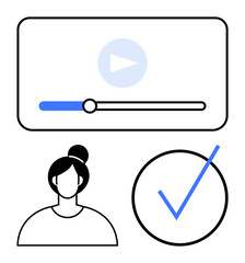 Video progress bar with play button, user portrait icon, and large checkmark. Ideal for education, online training, user progress, success, goal achievement elearning task completion. Flat simple
