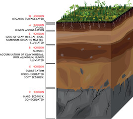 Soil profile. Scheme of a cross section of a soil, revealing horizons with titles