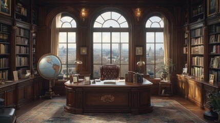 Fototapeta premium Luxurious Study with Panoramic City View