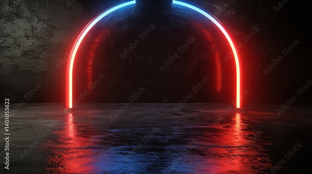 Poster Dark room with a red and blue light shining through a doorway. The light is creating a tunnel effect