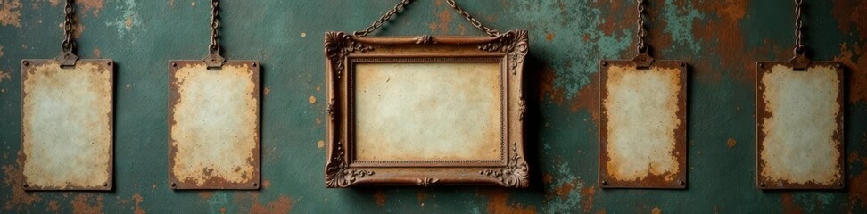 Fototapeta premium Old metal picture frame with faded image of family in vintage style hangings, faded photo on wall, old wooden picture frame