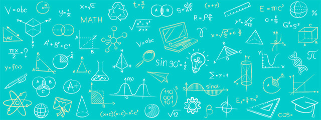 Seamless pattern background of education and science doodles drawn in a chalk sketch style. An academic vector illustration on a teal chalkboard for e-learning, technology presentations, and school.
