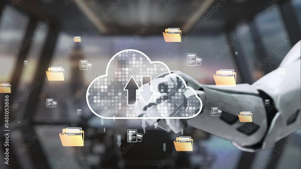 Poster a robotic hand interacts with cloud storage by uploading digital files, symbolizing the merging of t