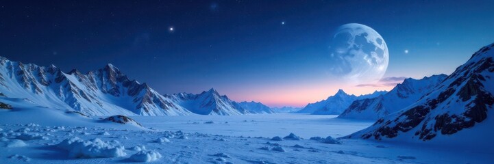 Starry night sky over a snowy planet with frozen mountains and glaciers, cosmos, planetary