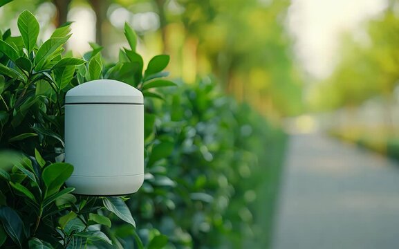 Modern white sensor device installed on a green bush in a park, monitoring environmental conditions with a blurred path in the background.