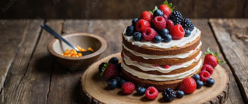 Poster delicious layered cake topped with mixed berries and cream in a rustic setting