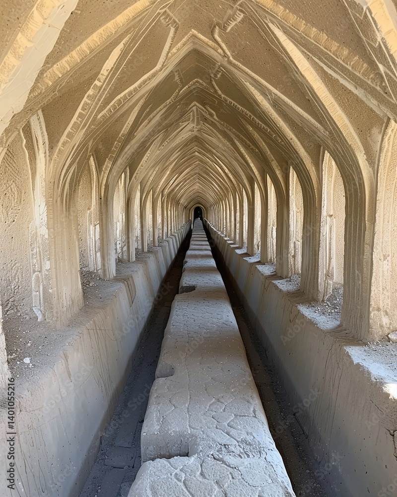 Poster serene corridor of an ancient architectural structure with intricate arches, leading into a shadowy 