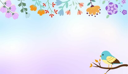 Cute Spring Floral Background with Bird on Branch and Pastel Gradient Sky, spring bird floral background